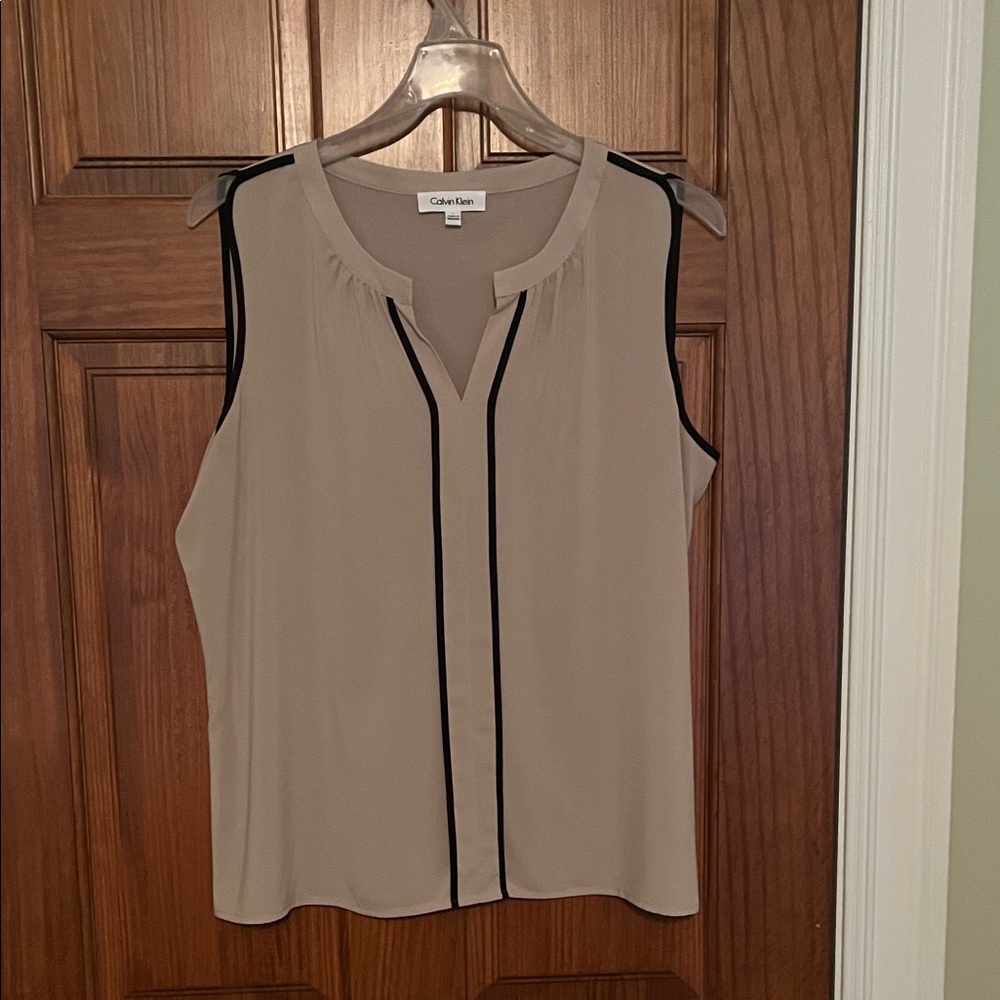 Calvin Klein Women's Beige Sleeveless Blouse with Black Trim